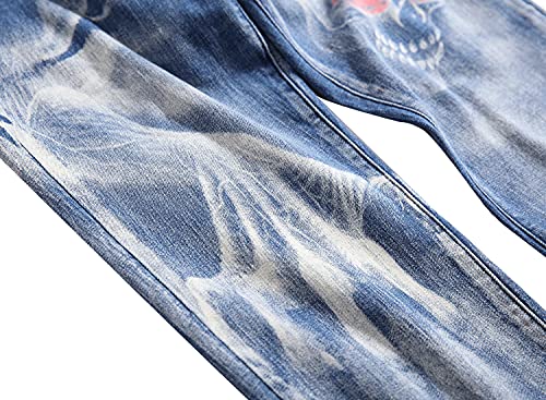 Men's Casual Printed Slim Fit Denim Pants Straight Personality Trendy Jeans Fashion Stretch Skinny Pencil Trousers (Light Blue,36)4