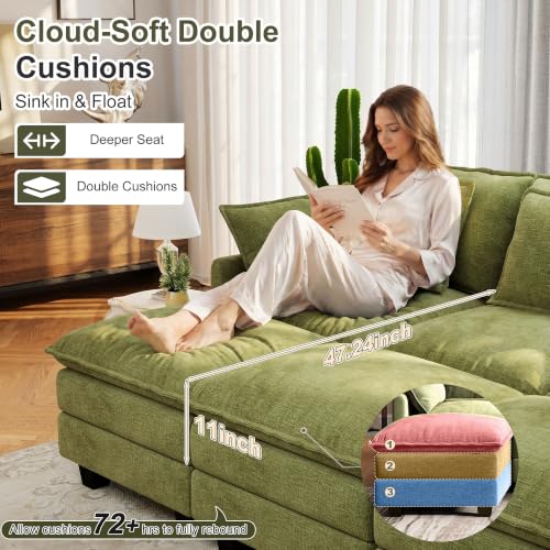 Image of 107 inch Cloud Couch Sectional Modular Sofa, Deep Seat Couches with Ottoman and Removable Washable Pillows for Living Room, Bedroom, Apartment, Green
