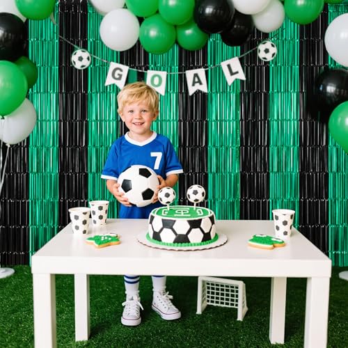 Image of TONIFUL Black and Green Fringe Backdrop Curtain 2026 Graduation Parties 2Pcs 3.3x6.6 ft Metallic Tinsel Foil Fringe Photo Booth Backdrop Door Streamers for Birthday Soccer Themed Party Decorations