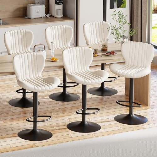 Image of Shintenchi Bar Stools Set of 6 Modern Swivel Bar Chairs, Counter Height Faux Leather Metal Barstools, Upholstered Island Chairs with Back and Footrest, Beige