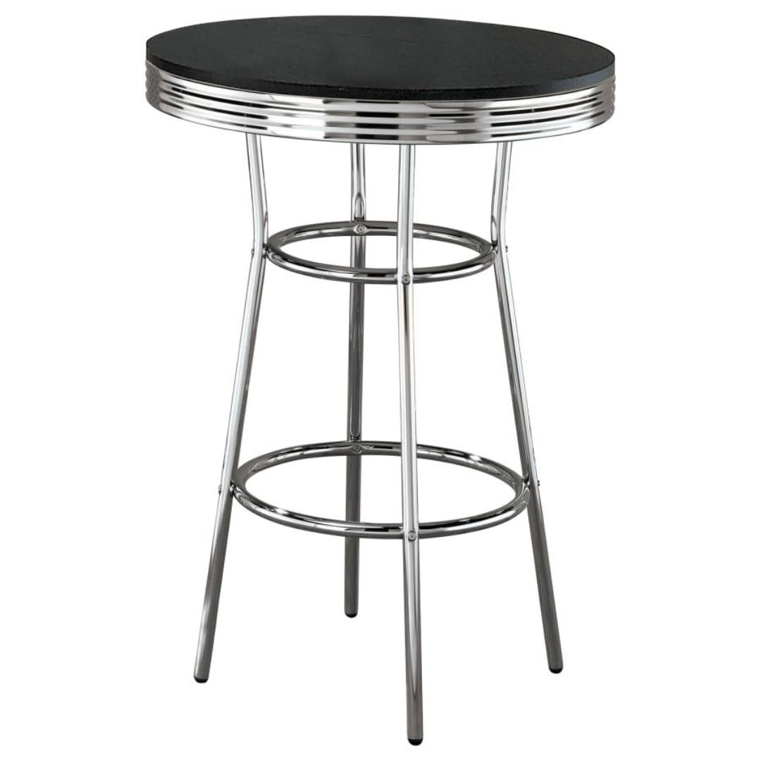 CARTESIAN Retro Round Bar Height Bistro Table, 30" Diameter, Black Top with Chrome Trim, Soda Fountain Style