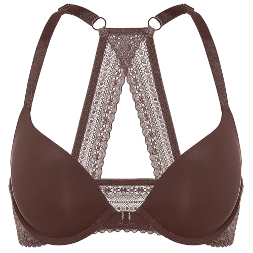 Image of DOBREVA Women's Push Up Bra Front Closure Racerback | Lace Back, Padded, Plunge, Tshirt, Cleavage, Sexy, Date, Soft, Everyday, Supportive