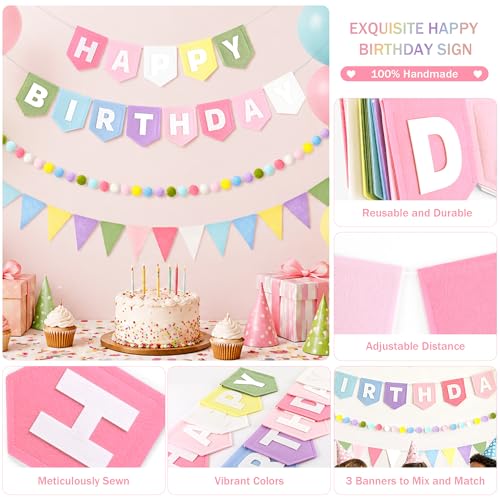 CANREVEL 3 PCS Pastel Pre-Strung Happy Birthday Banner Decorations Felt by CANREVEL - Used condition - Image 5