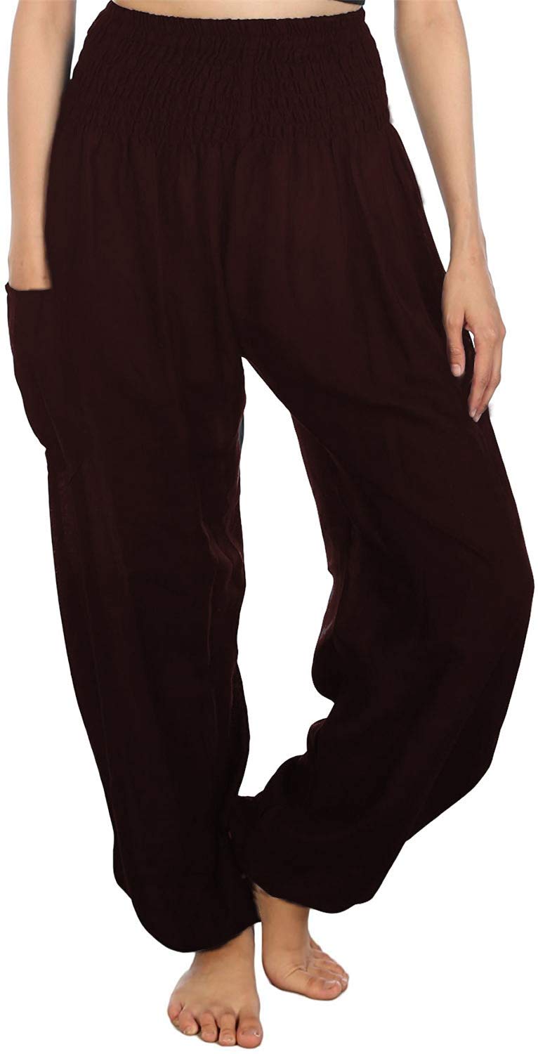 Whitewhale Women's Dark Brown Unisex's Rayon Print Smocked Waist Boho Harem Pants