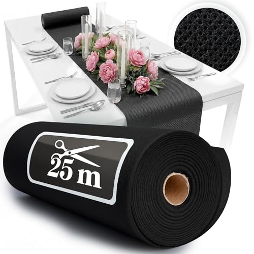 Chemin de table en non-tissé noir - 30 cm x 25 m - Chemin de table jetable - Décoration de table élégante pour mariage, communion, baptême, anniversaire,...