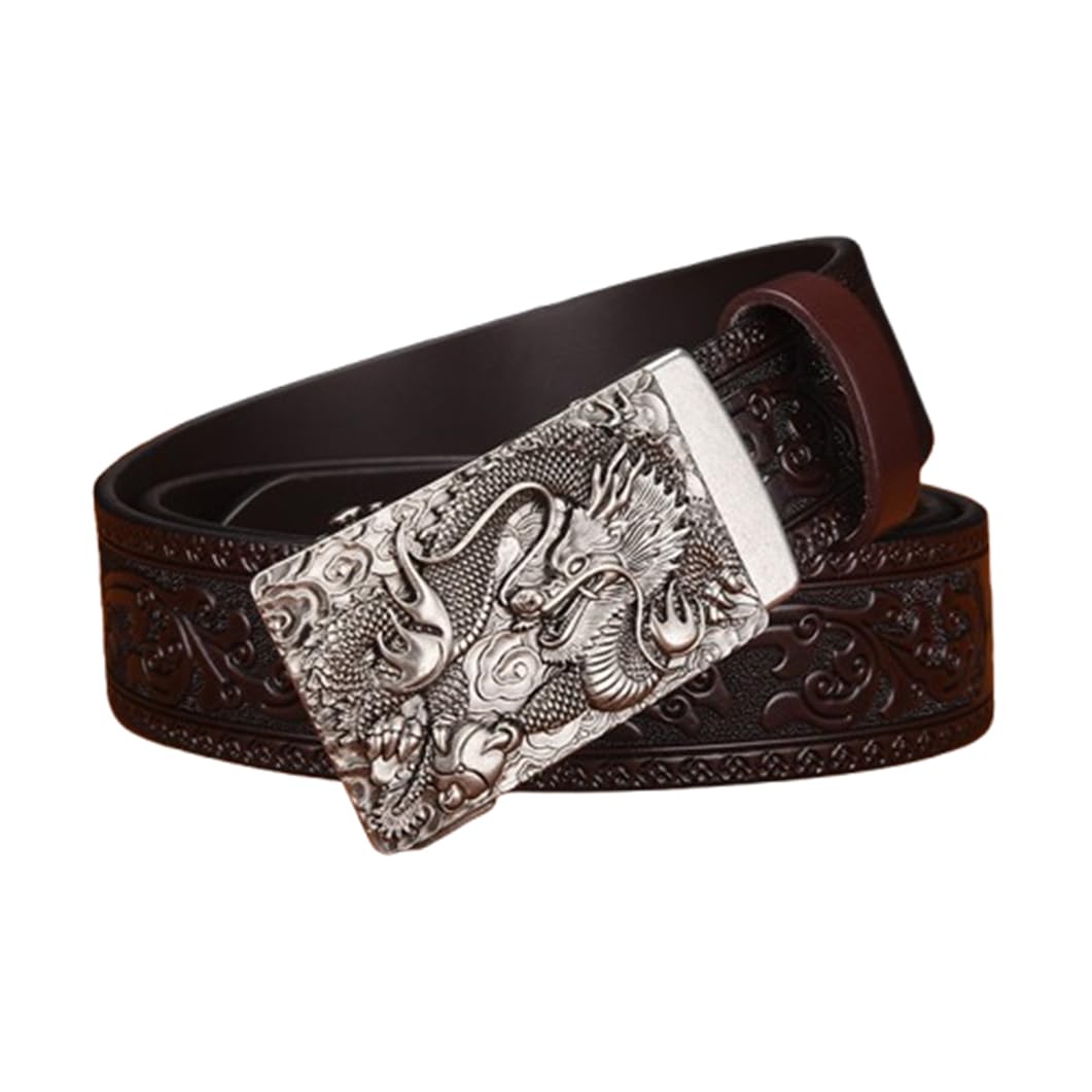 Agutalithic Men's Brown Wo Ratchet Belt Engraved Silver Dragon Pattern Automatic Slide Buckle Western Cowboy Handmade Waistband(115Cm/45, )