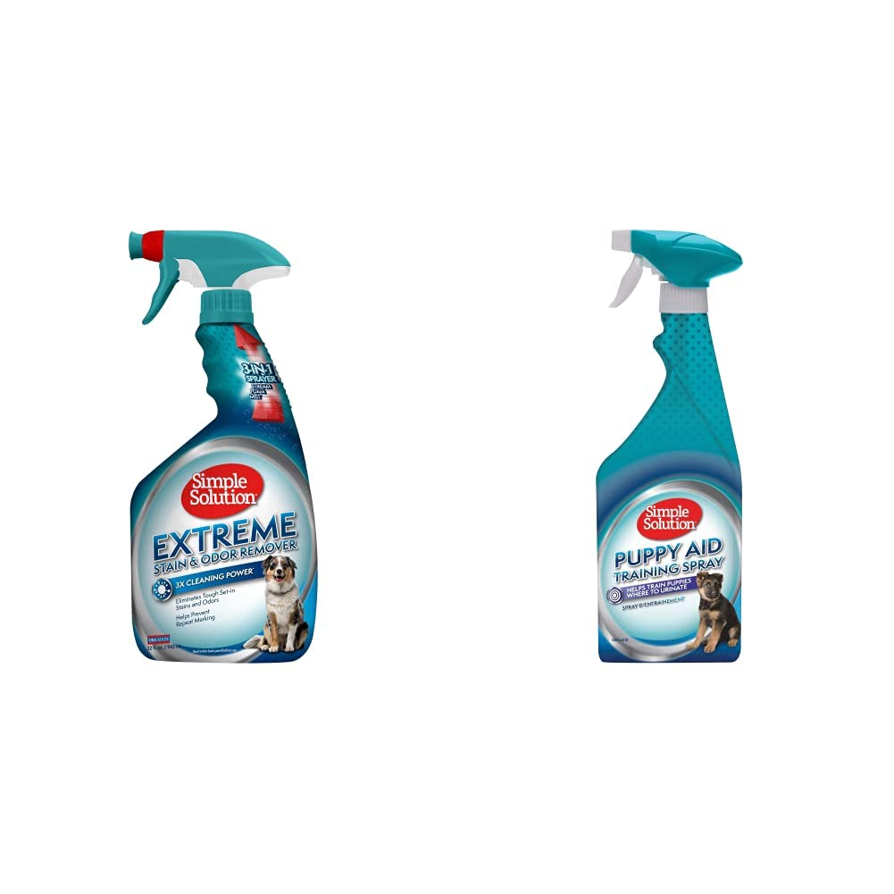 Simple SolutionExtreme Dog Stain Odour Remover, 32 Oz, White & Dog Puppy Aid Behavior Training Spray, Grey, 500 ml