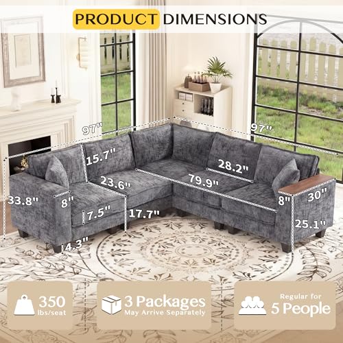 Image of 97 inch L Shaped Sectional Couch, Comfy Chenille Sectional Couch, Modular Convertible V Shaped Couch, 5 Seat Corner Sofa with 2 Pillows & Storage Armrests for Living Room, Grey