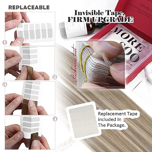 Moresoo Tape Hair Extensions Real Human Hair Highlighted Light Brown with Platinum Blonde Invisible Tape in Hair Extensions Remy Hair 20 Inch 50g 20pcs #P9A/60 - Image 4