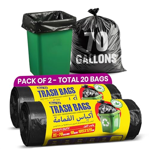 Silver Pot Black Garbage Bags Pack of 2 - Extra Large 10 bags 70 Gallons (105cm x 125cm) Extra Strong & Bio-Degradable Heavy Duty Disposable Waste Bags Total 20 bags (10 x 2 rolls)