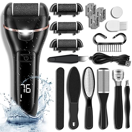 KGOPTY Electric Feet Callus Remover, Professional 18 in 1 Foot File Pedicure Kit Tools, Rechargeable Dry Dead Skin Foot Scraper with 3 Roller Heads & 2-Speed Power for Feet Hands Heels Spa (Black)