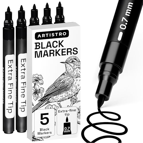 ARTISTRO 5 Black Paint Pen for Rock Glass Ceramic Wood Tire Fabric Metal Canvas Marking Painting - Set of 5 Acrylic Paint Markers Water-based