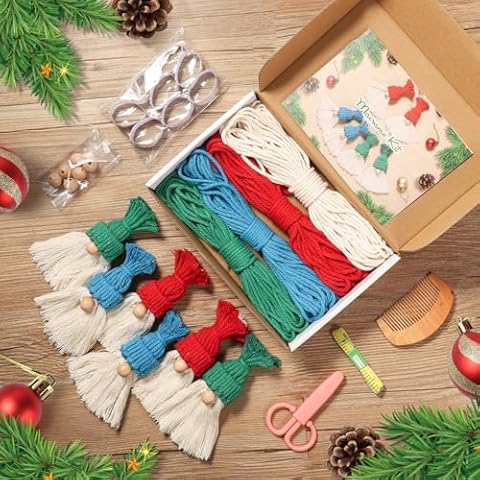 RQWZBCHX 6PCS DIY Macrame Christmas Santa Claus Kit for Kids, Macrame Kit for Beginners, Christmas Tree Hanging Décor with Booklet and Step-by-Step Video Tutorials, Enough Cords, Accessories Cover