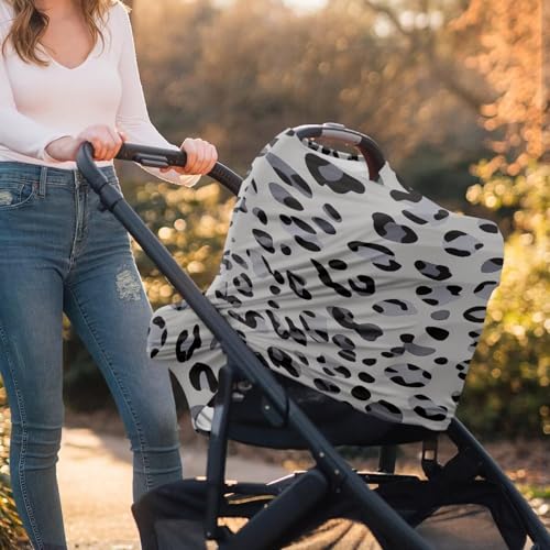 Image of Forchrinse Grey Leopard Print Baby Car Seat Cover Soft Stretchy Breastfeeding Nursing Cover Multi Use Cover for Shopping Cart /High Chair /Stroller
