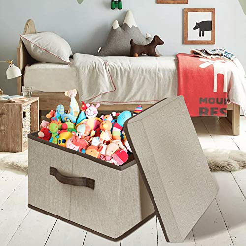 Storage Bins with Lids for Closet 3pk - Foldable Clear Toy Chest Boxes with Handles,Extra Large Linen Organizer Containers Baskets for Pantry,Shelves and Bedroom(Beige)