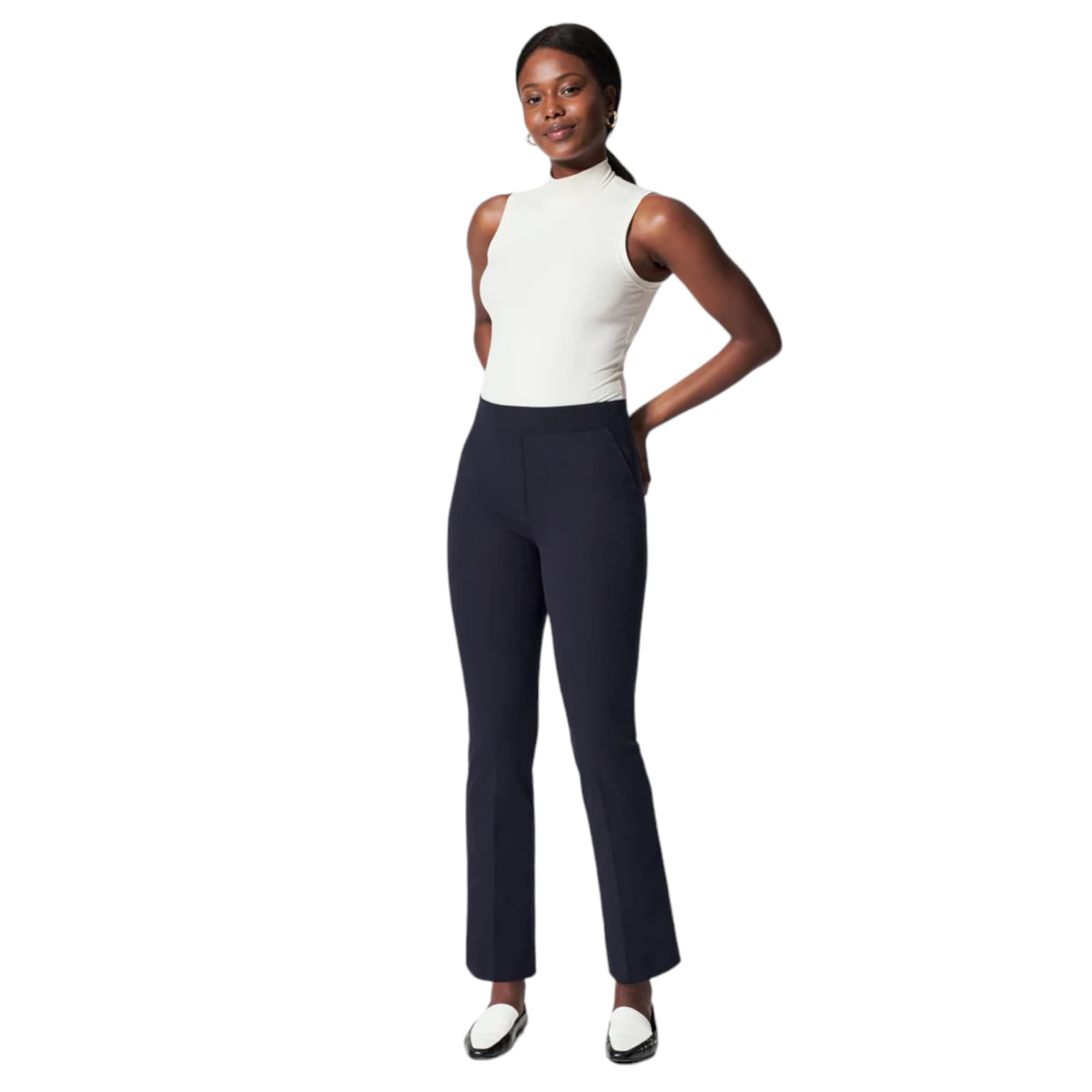 SPANX Womens Solid Black On-The-Go Kick Flare Pants US Alpha Medium Regular Petite Classic Navy