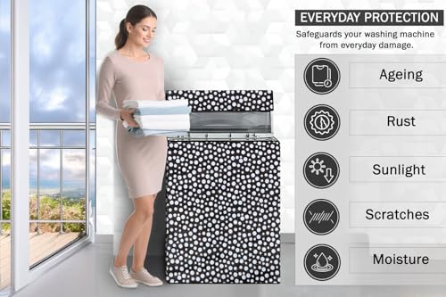 Image of Stylista Washing Machine Cover Compatible for Godrej 6.2 Kg Fully-Automatic Top Loading WTA 620 CI, Polka Dot Pattern Black