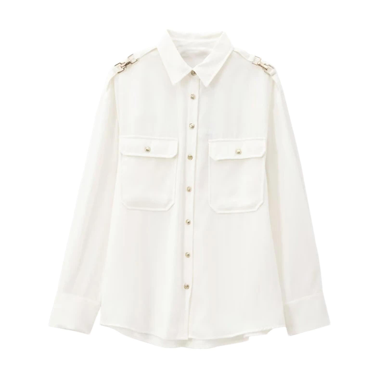 Camisa de manga larga para mujer, estilo clásico, para oficina, con solapa y bolsillos