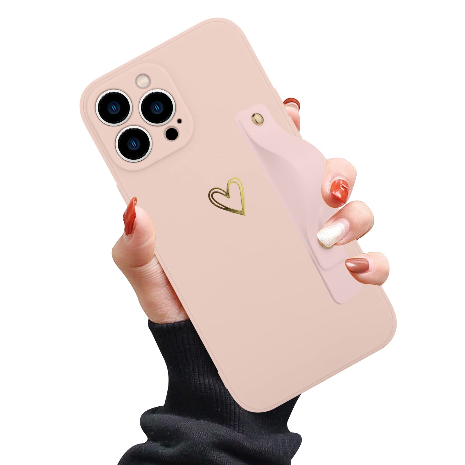 Ufbara Compatible with iPhone 13 Pro Max Case 6.7 Inch for Women Girls, Cute Gold Love Heart Pattern with Wrist Hand Holder Stand Slim Soft Silicone Shockproof Kickstand Cover (Pink)