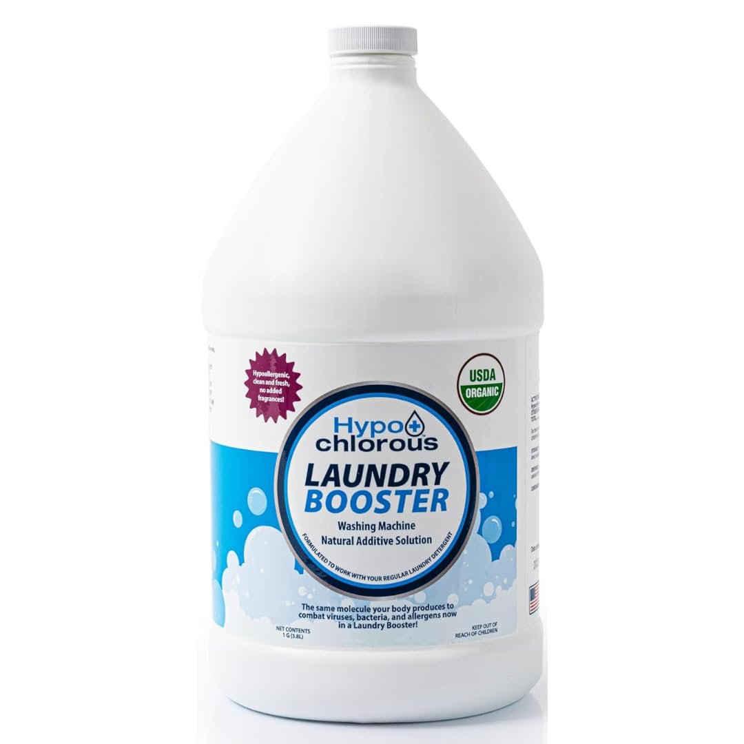 Hypochlorous Laundry Booster (1 Gallon) Organic Laundry Sanitizer and Odor Eliminator | Non Toxic Additive Safe for Sensitive Skin, Towels, Workout Gear, Pet Bedding (64 Loads)