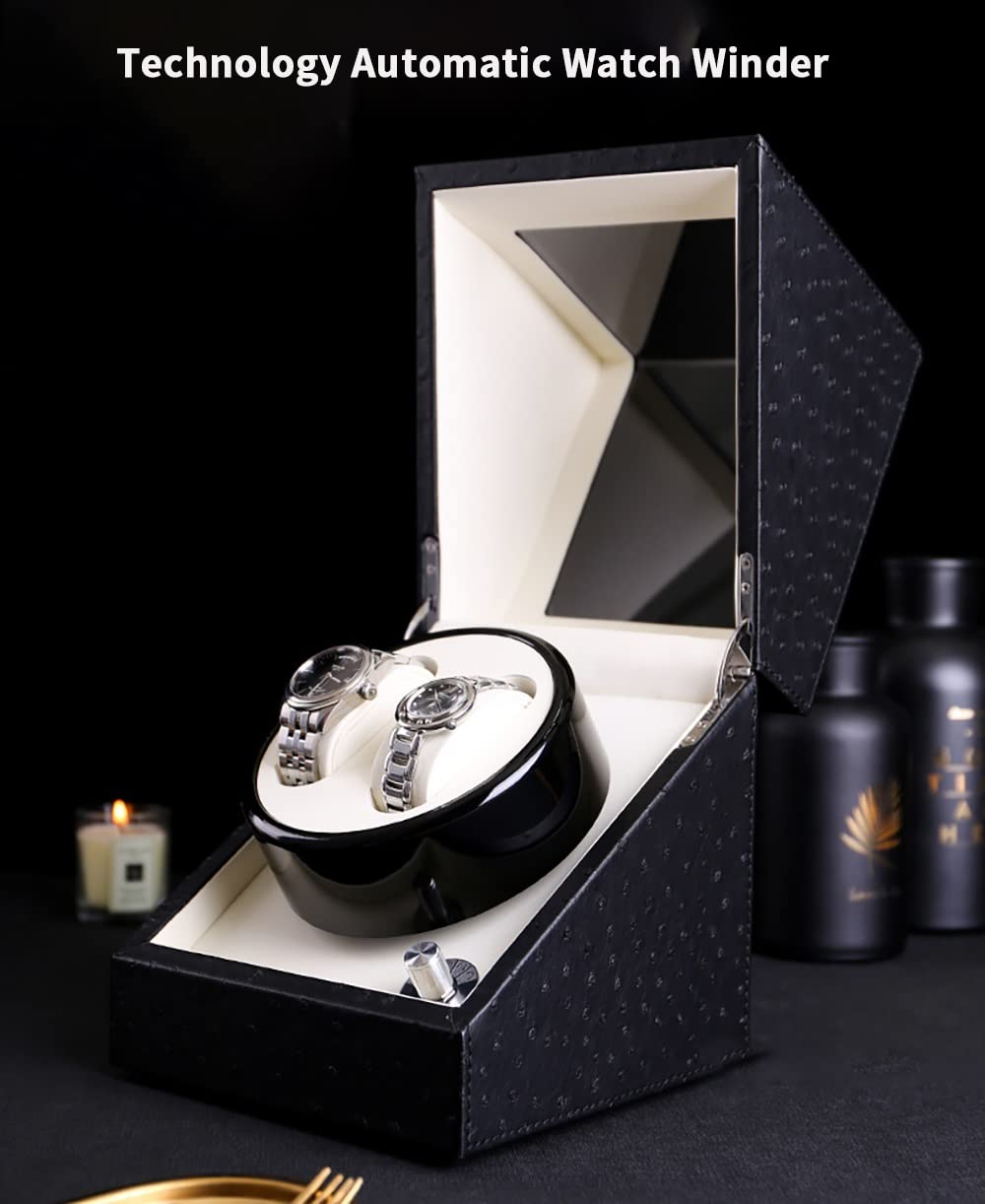 OUZVI Automatic Watch Winder For 2 Automatic Watches Premium Leather Exterior With Quiet Motor Watch Winding Display Luxury Fiber Leather Storage Case For Man/Woman'S Watches,C (B)