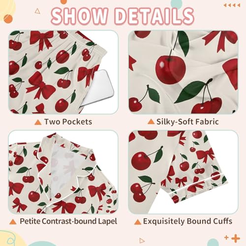 senya Cherry Bow Red Satin Summer Pajama Sets Silk Short Sleeve Button Down Sleepwear3