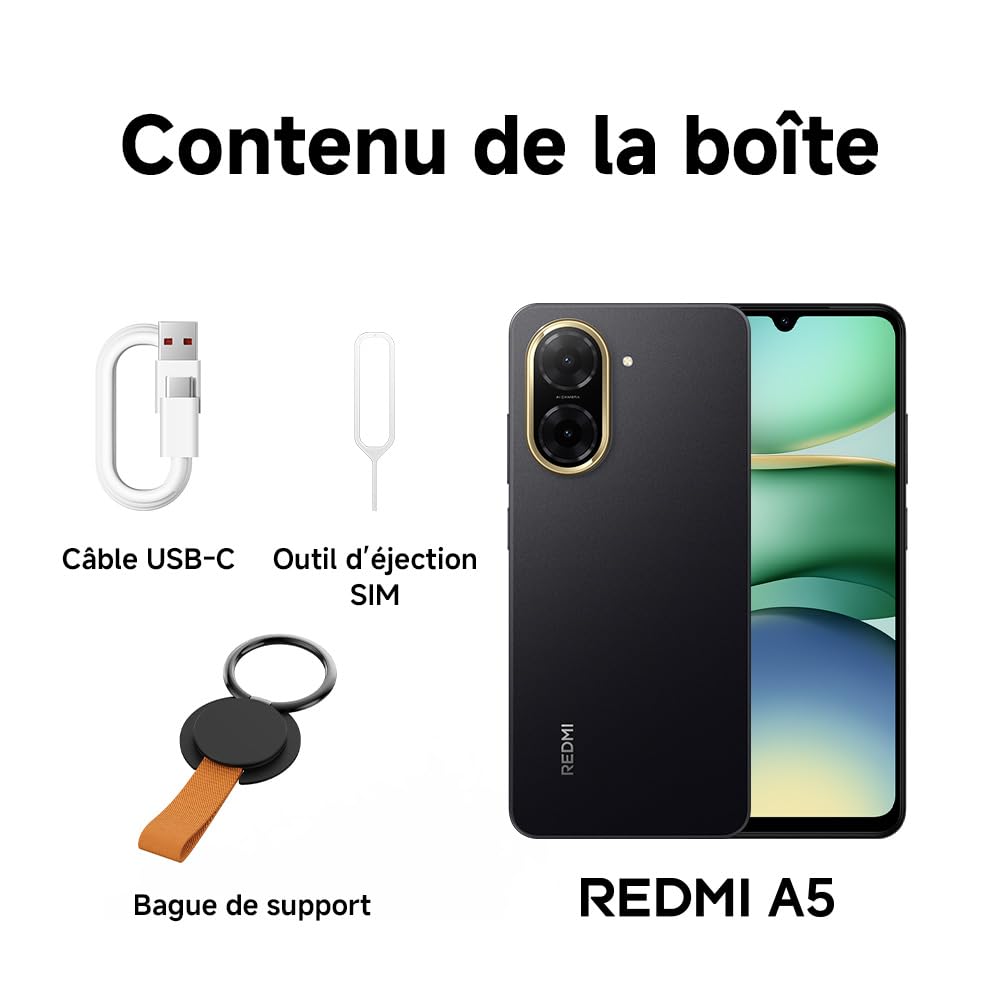 XIAOMI Smartphone Redmi A5, 4+128GO, Noir, Double Appareil Photo AI de 32 MP, Batterie Massive de 5200 mAh, Octa-Core, Écran immersif de 6,88 Pouces jusqu'à 120 Hz (Adaptateur Secteur Non Inclus)