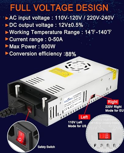 AC to DC Converter 12V Power Supply, Universal SMPS 120V AC to 12V 50A 600W DC Converter Power Supply Transformer Driver Adapter for RV,Pump,LED Strip, LCD Monitor4