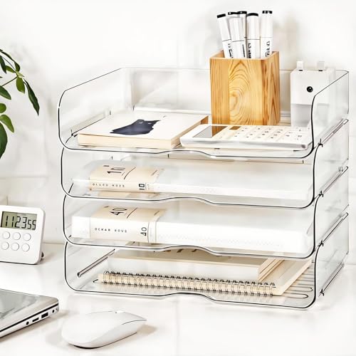 Image of 4 Trays Desk Organizer, Stackable Organizers and Storage, Clear Letter Tray for File Paper, Office Supplies, A4 Office File, Books, Notes, Paper Folder