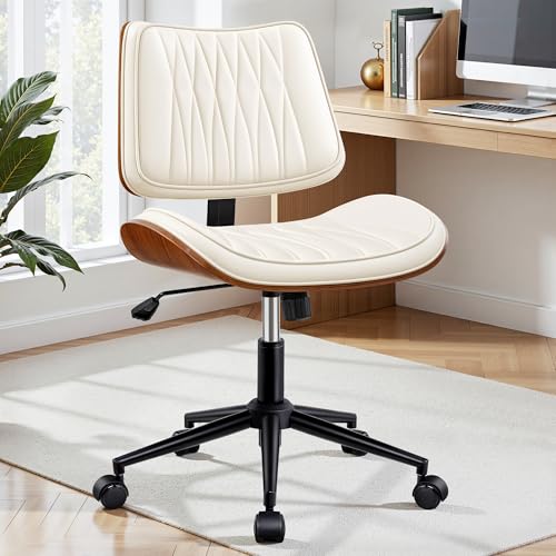 Image of Ergonomic Armless Office Desk Chair - Mid-Century Modern White Faux Leather with Diamond Stitch, Adjustable Height Swivel Rolling Task Computer Chair with Walnut Accent for Home Office, Study & Work