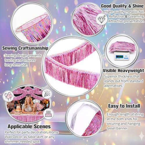 Image of Glitter Pink Fringe Garland -4 Layers Thick, 2 Pack Metallic Tinsel Tassel Banner, Iridescent Party Streamers for Barbie Birthday Disco Bachelorette Wedding Christmas Photo Booth Party Decorations