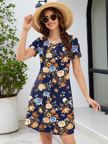 Image of KORSIS Women's Dresses Summer Casual T-Shirt Short Sleeve Criss Cross V Neck Swing Beach Vacation Sundress Dress with Pockets