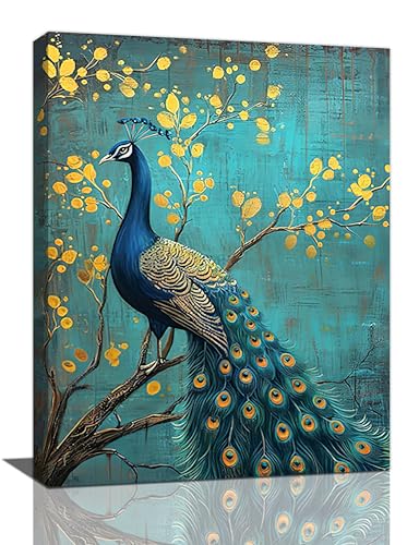 Gyeong WY-WALLART2LR22KNY8Z5D Peacock Wall Art Teal Peacock Wall Decor Colorful Bird Golden Leaves Canvas Print Painting Artwork Home Decorations cover