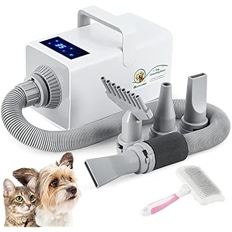 Mxmoonant Pet Hair Dryer 2800W Dog Grooming Blower Speedless Hairdryer LCD Intelligent Temperature Control Negative Ion Hair Care with 4 Types of Nozzles & A Large Brush Cover