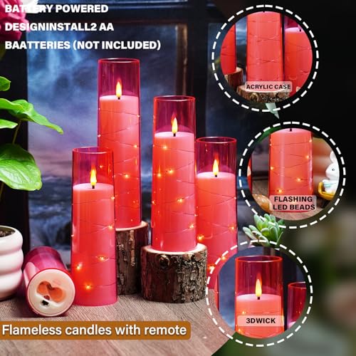 Image of Nimiko Flickering Flameless LED Candles,Battery Operated Candles 9 Pcs with Embedded Star String,Acrylic LED Pillar Candles with Remote,Suitable for Home Decoration to Create an Atmosphere (Pink)