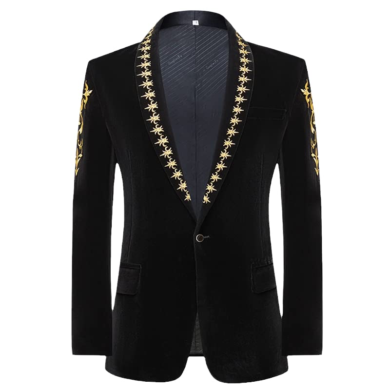 Gold Baroque Floral Embroidery Fleece Blazer Jacket Men Shawl Collar One Button Wedding Dinner Party Tuxedo
