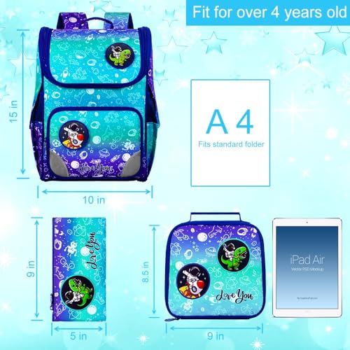 Image of HPJGD Dinosaur Backpack for Boys, 15 inch Preschool Bookbag with Lunch Box for Kids, 3PCS Astronaut Shcool Bag Set for Elementary Toddler