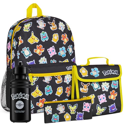 Pokemon Backpack Set 4 Pcs for Kids with Backpack Water Bottle Pencil Case Lunch Bag or Wallet Anime School Supplies Gifts (Black/Multi)