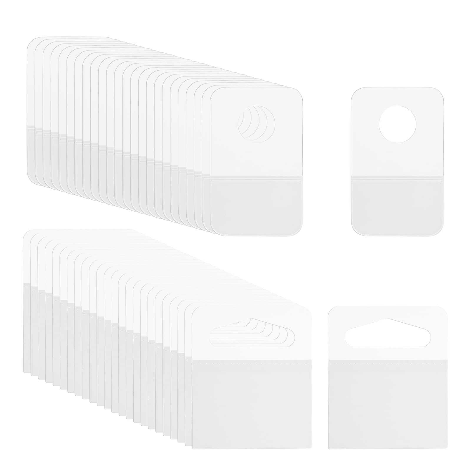 PATIKIL Hang Tabs 1x1.6 / 2x2.4 Inch, 120 Pcs Clear Hanging Tags Self Adhesive Hanging Tabs Slot Hole Tags for Retail Stores Shops Display Slat Wall Hook Hangers, 2 Styles