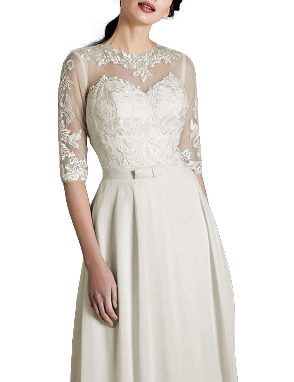 A-Line Chiffona con Maniche Abito da Sera Semplice con Cintura, Avorio, 40