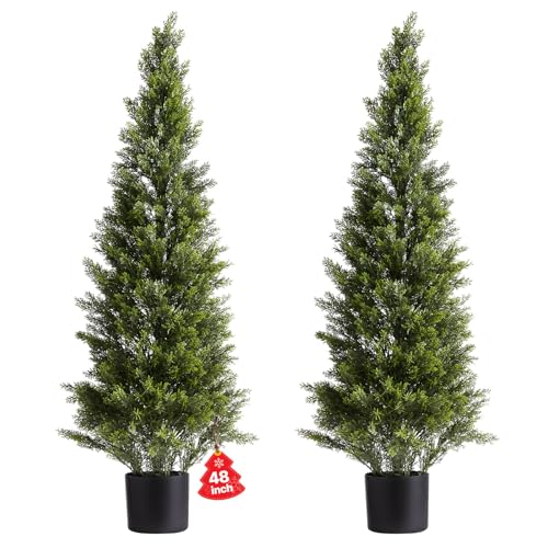 VEVOR Artificial Cedar Topiary Trees, 48 inch 2 Set Faux Pine Shrubs Plants, Fake Silk Tree Look...