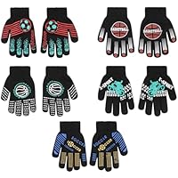 QKURT 5 Pairs Kids Magic Gloves for Boys Age 5-11, Winter Knit Gloves Double Layer Thick Gloves, Full Finger Gloves Stretchy Warm Mitten with Basketball Soccer Sports Design for Outdoor Cycling