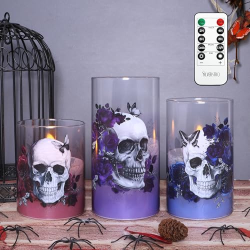 Image of Gothic Skull Flameless Candles Set with Remote Control Timer Function, 3-Piece Horror Theme Halloween Decorative Candles for Home Party Haunted House Horror Theme Halloween Decorations