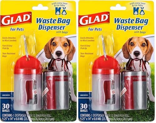 Image of Glad for Pets Extra Large Unscented Heavy Duty Dog Waste Bags with Dispenser and Metal Clip | Plastic Disposable Poop Bags for Dogs, Easy to Use for Dog Walking, 30 Count (Pack of 2)
