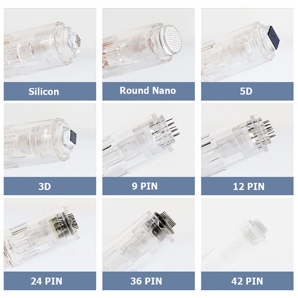Bolígrafo de Microagujas Terapia de Fotones LED de 7 Colores Auto Derma Pen con Batería de Repuesto y Agujas de Cartucho de 5 piezas, para el Cuidado de la Piel en el Salón o en el Hogar,Round nano