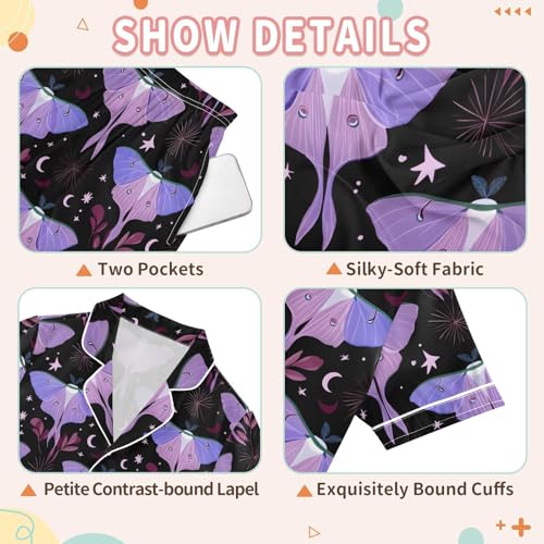 Purple Moths Moon Stars Pajamas Set Soft Satin Pjs Sets 2 Piece Short Sleeve Sleepwear Casual Loungewear3