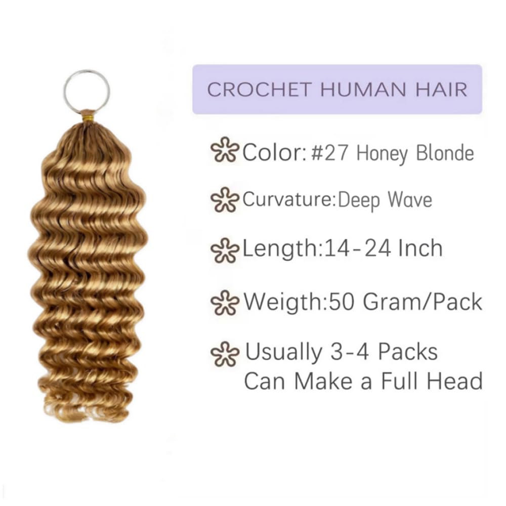 Capelli umani ondulati all'uncinetto, con piume pre-separate, leggere, riutilizzabili, 50 g, #27 biondo miele, 35,6 cm