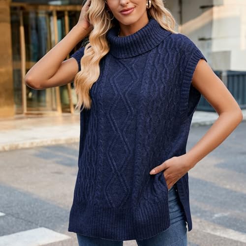 Image of Blostirno Women's Turtleneck Sweater Vest Sleeveless Ribbed Solid Knitted Pullover Sweaters Tops