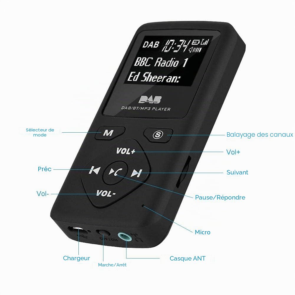 Richer-R Lecteur MP3, portable DAB/DAB + récepteur radio numérique de poche, lecteur MP3 Bluetooth avec écran LCD de 1,8 pouces, support casque mains libres, fonction radio FM