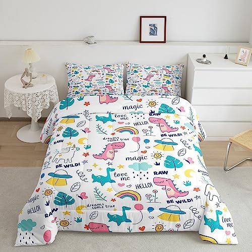 Girls Cartoon Bedding Comforter Sets King Size Kawaii Pink Blue Dinosaurs Comforter Set Cute Rainbow Unicorn Bedding for Kids Teens Tropical Botanical Palm Leaves Duvet Insert Kawaii Room Decor